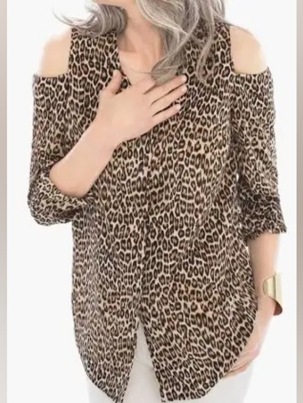 Women’s Leopard Print V-Neck Cold-Shoulder Top - Beige/Black